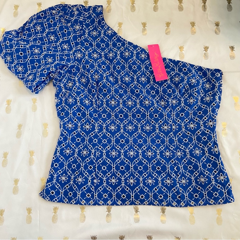 NWT Lily Pulitzer Delilah Blue White Eyelet One Shoulder Top
